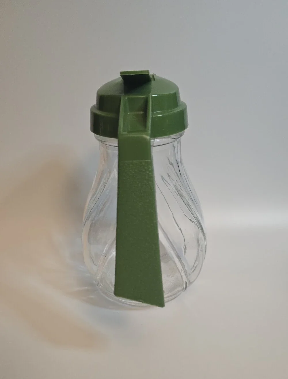 Vintage Glass Syrup Pitcher with Green Plastic Lid and Handle